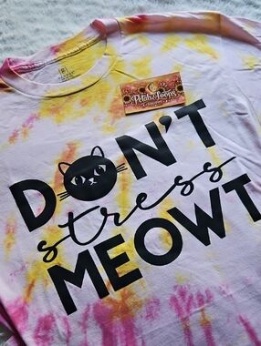 Don’t Stress Meowt Tie-Dye Cat Tee - Pink & Yellow